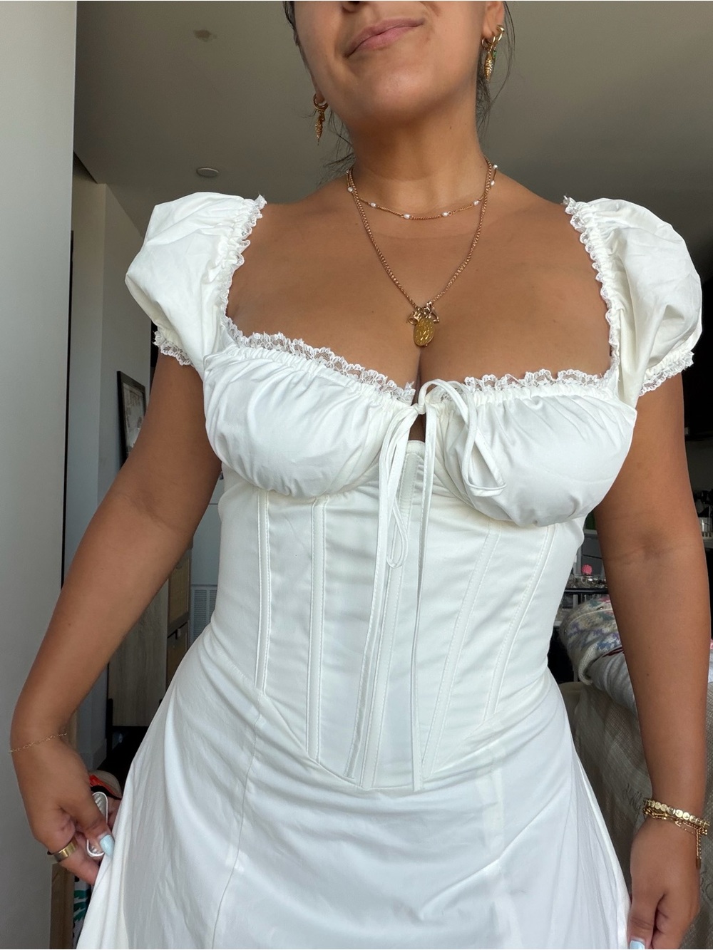 Women's White Puff-Sleeve Corset Maxi Dress
